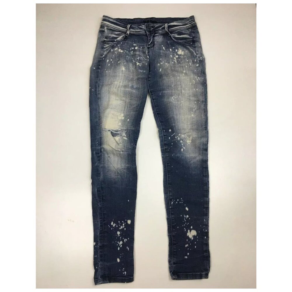 BEBE Medium Wash Bleached Distressed Ripped Knee 5 Pocket Skinny Jeans